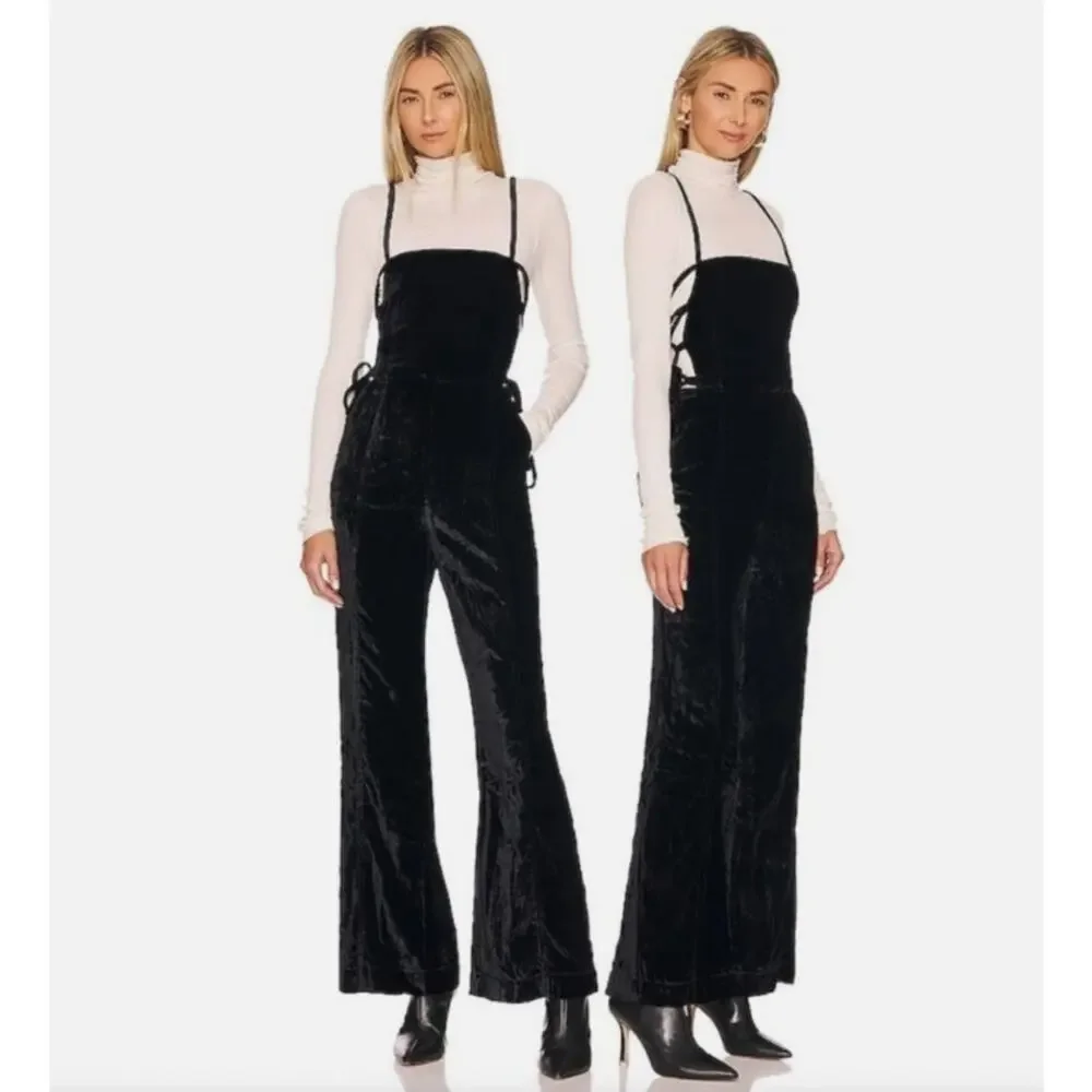 FREE PEOPLE Black Crushed Velvet 90s Forever Lace Up Jumpsuit Wide Leg Small